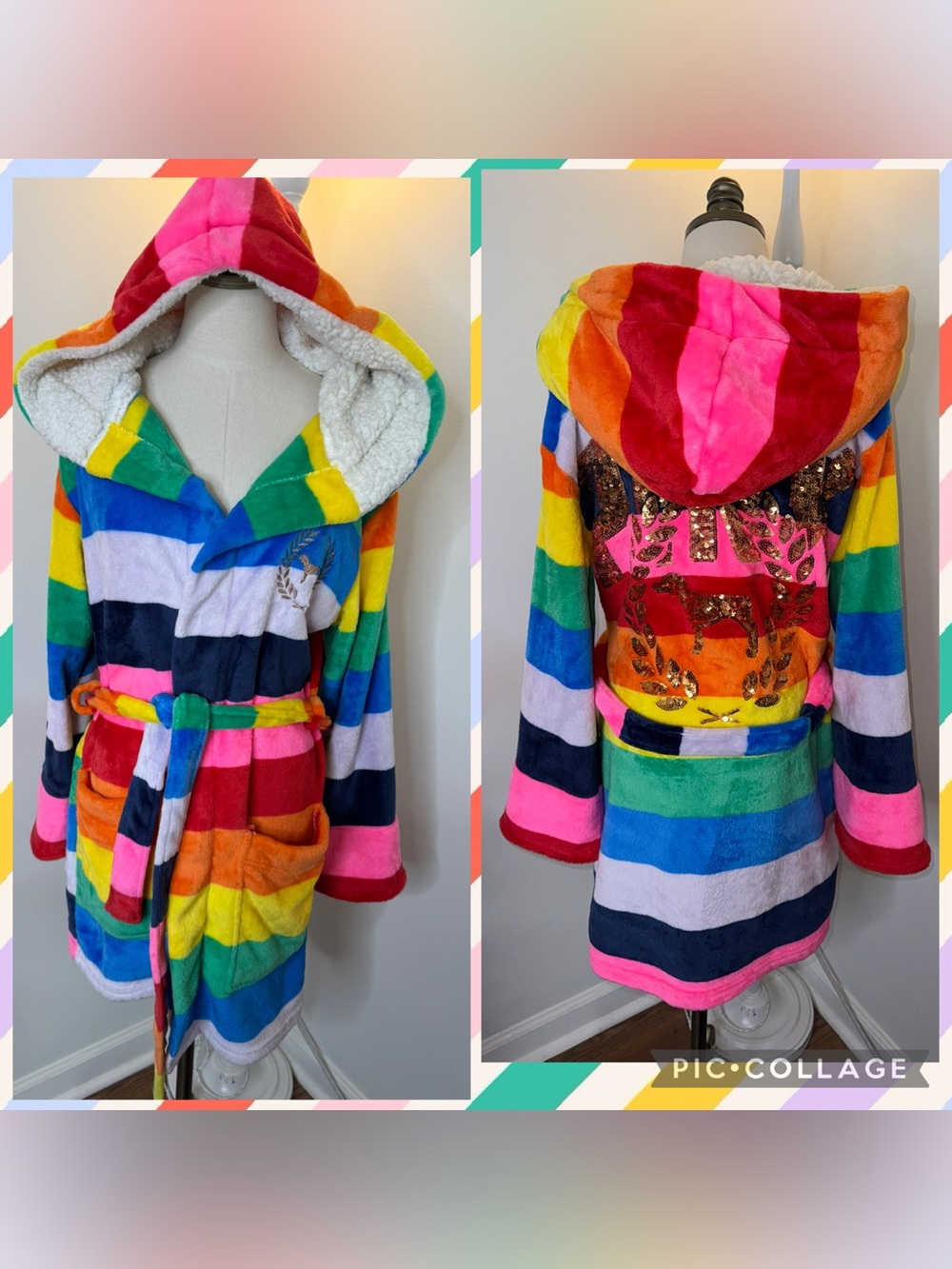 PINK Victoria's Secret Women’s M/L Sequin Sherpa Rainbow Bling SOFT Robe